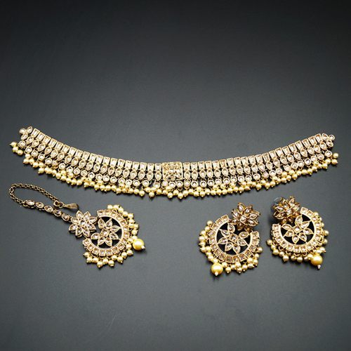 Saat - Gold Polki Stone Choker Set with Pearls- Antique Gold