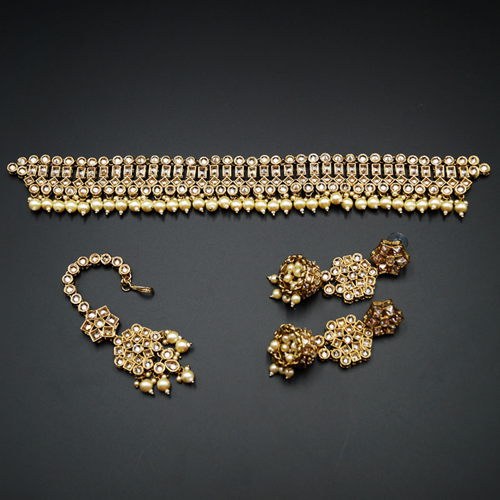 Sara- Gold Polki Choker Necklace Set with Pearls- Antique Gold