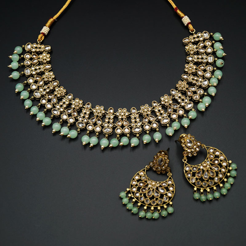 Garin -Gold Polki Stone/Mint Beads Necklace set - Antique Gold