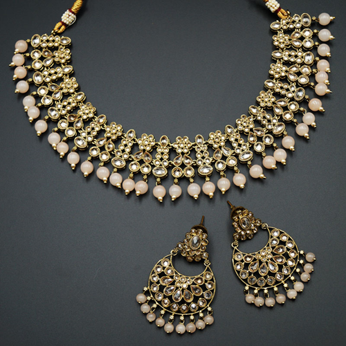 Garin -Gold Polki Stone/Nude Beads Necklace set - Antique Gold