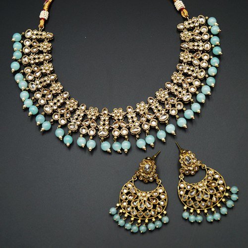 Garin -Gold Polki Stone/Blue Beads Necklace set - Antique Gold