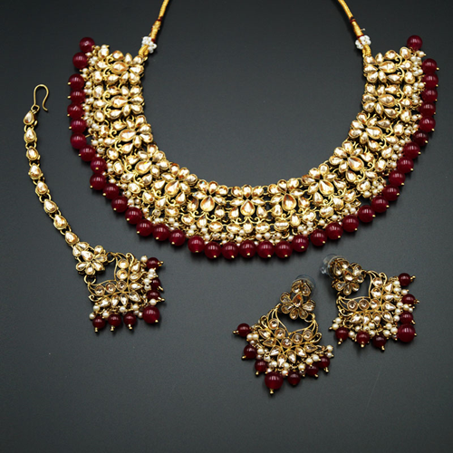 Abera -Gold Kundan & Pink Beads Necklace Set - Antique Gold