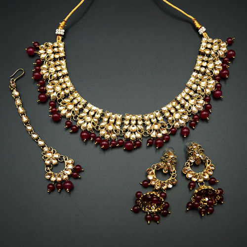 Ladhi  -Gold Kundan & Pink Beads Necklace Set - Antique Gold