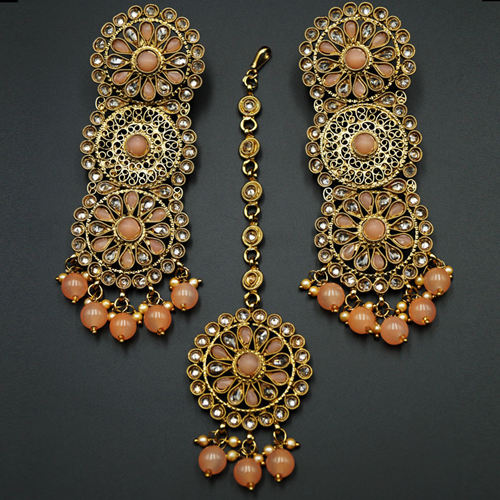 Dhawa- Peach /Gold Polki Stone Earring Tikka Set -Antique Gold