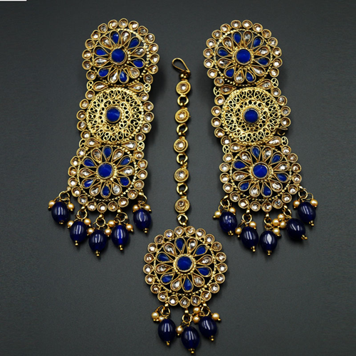 Dhawa- Blue /Gold Polki Stone Earring Tikka Set -Antique Gold