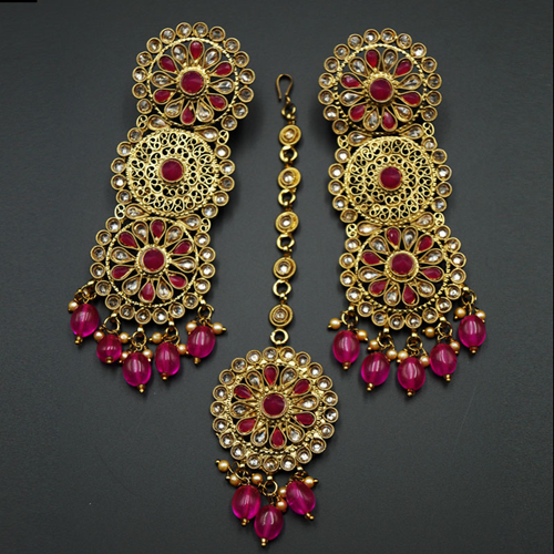 Dhawa- Pink /Gold Polki Stone Earring Tikka Set -Antique Gold