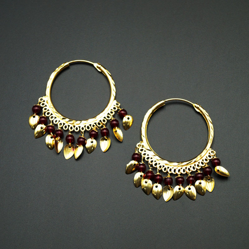 Yami -Maroon (Hoop) Bali Earrings -Gold