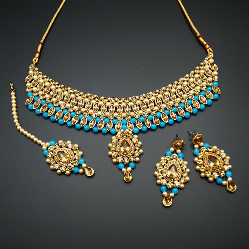 Kari - Gold Diamante and Turquoise Beads Choker Necklace Set - Gold