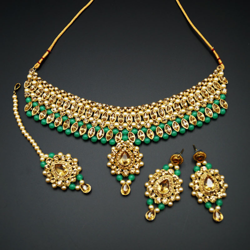 Kari - Gold Diamante and Mint Beads Choker Necklace Set - Gold