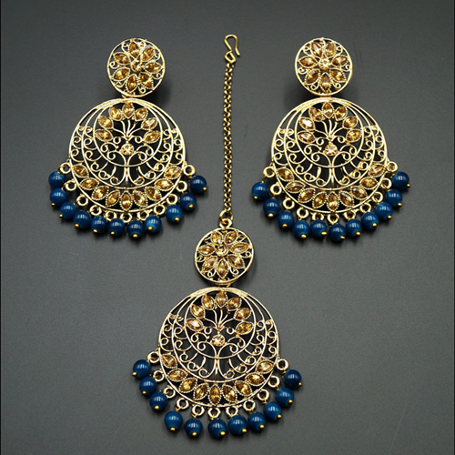Sakari -Gold Diamante/ Navy Blue Beads Earring Tikka Set - Gold