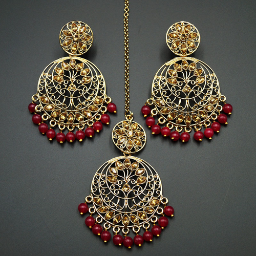 Sakari -Gold Diamante/ Red Beads Earring Tikka Set - Gold