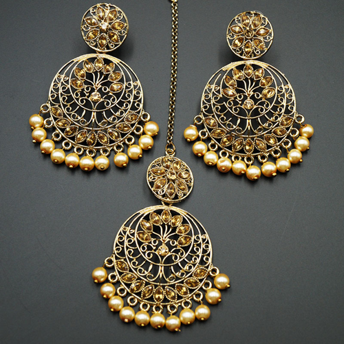 Sakari -Gold Diamante & Pearls Earring Tikka Set - Gold