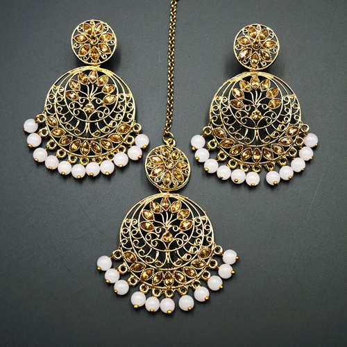 Sakari -Gold Diamante/ Nude Beads Earring Tikka Set - Gold