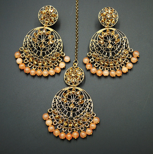 Sakari -Gold Diamante/ Peach Beads Earring Tikka Set - Gold