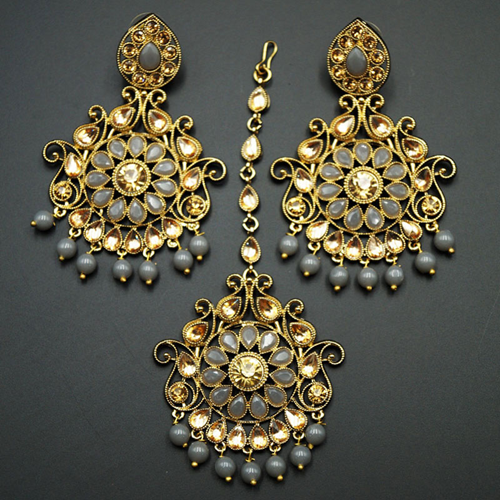 Isha- Grey Beads/Gold Kundan Earring Tikka Set - Gold
