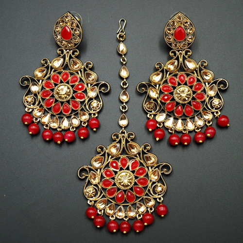 Isha- Red /Gold Kundan Earring Tikka Set - Gold