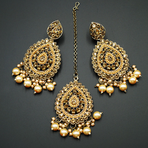 Logu-Gold Diamante / Champagne Pearls Earring Tikka Set - Gold