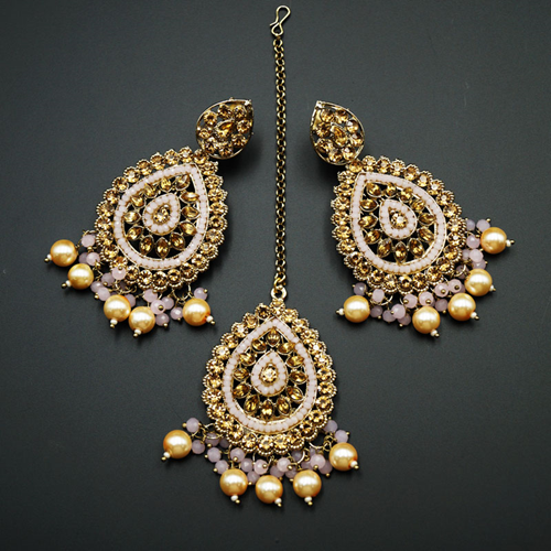 Logu-Gold Diamante / Light Pink  Beads Earring Tikka Set - Gold