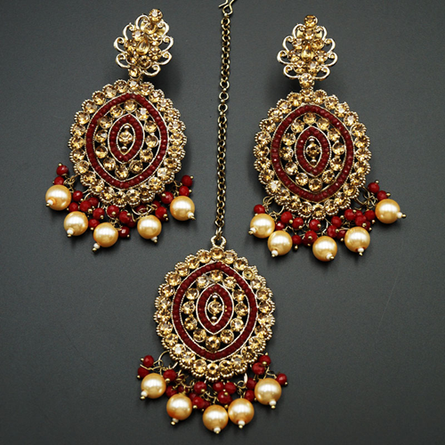 Raida-Gold Diamante / Maroon Beads Earring Tikka Set - Gold