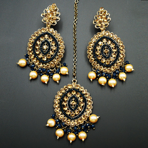 Raida-Gold Diamante /Navy Blue Beads Earring Tikka Set - Gold