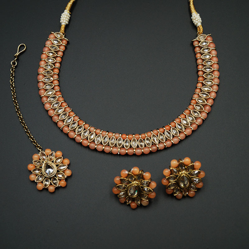 Moksin-Gold Polki Stone/Peach Bead Necklace set - Antique Gold