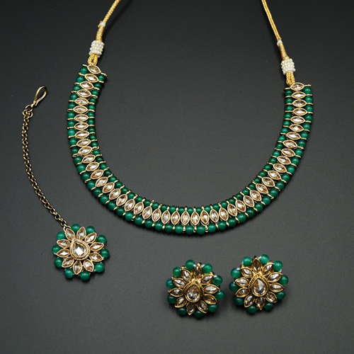 Moksin-Gold Polki Stone/Green Bead Necklace set - Antique Gold