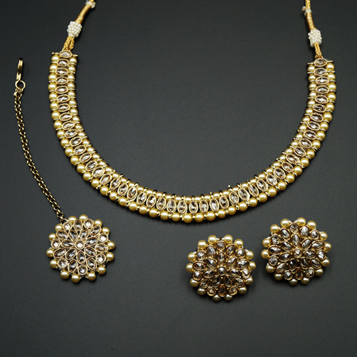 Shayna -Gold Polki Stone Necklace set - Antique Gold