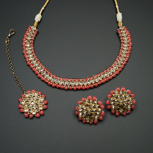 Shayna-Gold Polki Stone/ Coral Bead Necklace set - Antique Gold