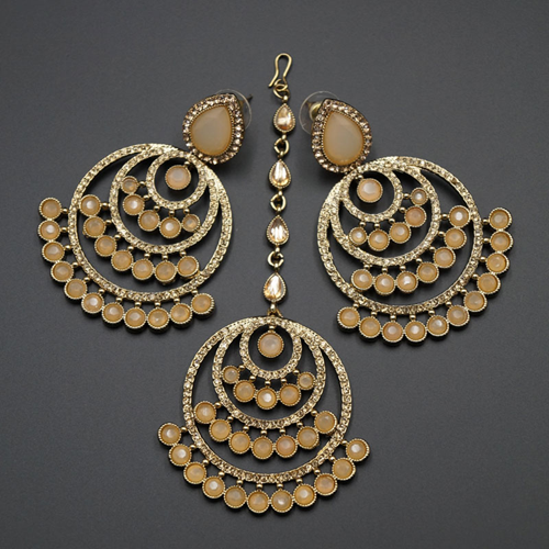 Kritu- Nude/ Gold Diamante Earrings Tikka set  - Gold