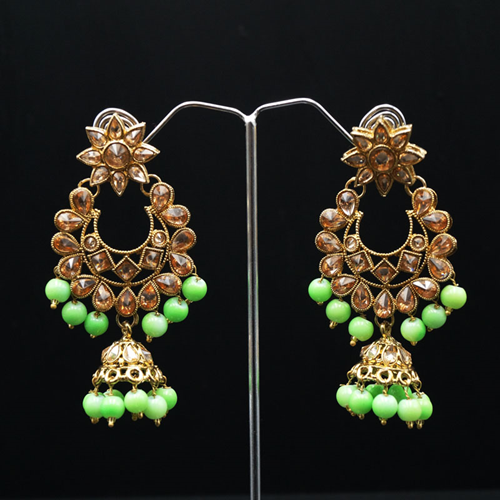 Misri - Gold Kundan  &  Mint Beads Earrings - Antique Gold