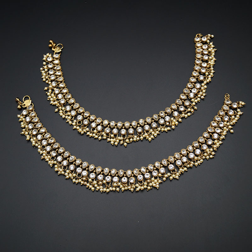 Teena- White Diamante Payals - Antique Gold