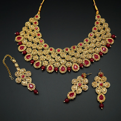 Svara- Pink/Gold Diamante Necklace Set -Gold
