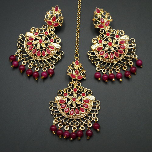 Asha- Pink/Gold Diamante Earring Tikka Set - Gold