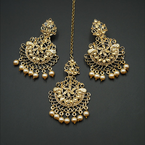Asha- Gold Diamante Earring Tikka Set - Gold | Indian Jewellery Online ...