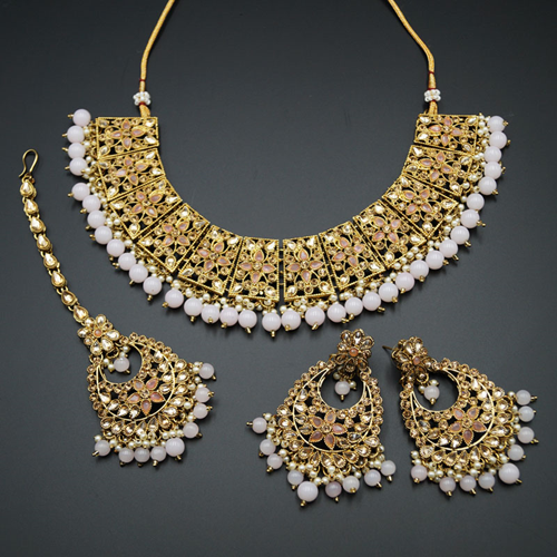 Maanvi Gold Diamante/Light Pink Beads Necklace Set - Antique Gold