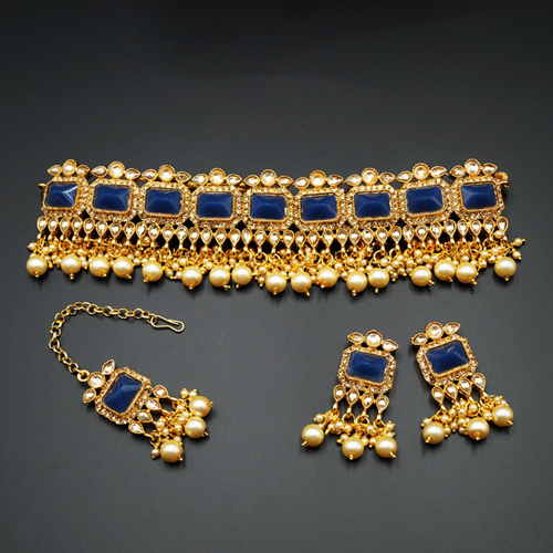 Rai - Gold Diamante & Navy Blue Choker Necklace Set - Gold