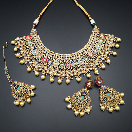 Heer - Multicolour Necklace Set - Antique Gold