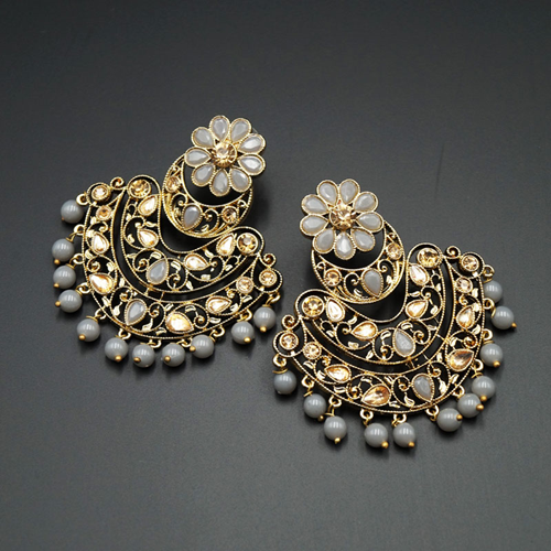Nari - Grey & Gold Kundan Stone Earrings - Antique Gold
