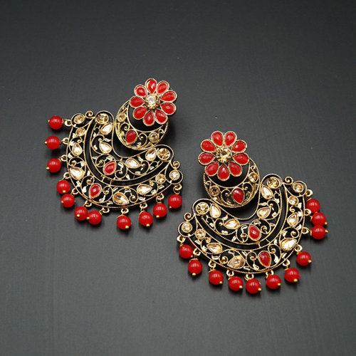 Nari - Red & Gold Kundan Stone Earrings - Antique Gold