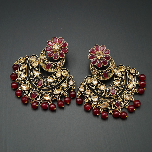 Nari - Maroon & Gold Kundan Stone Earrings - Antique Gold