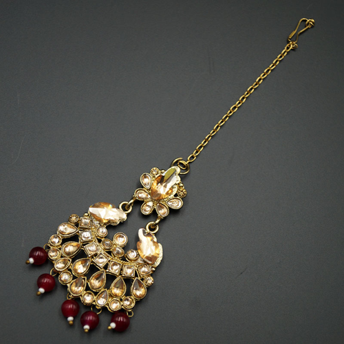 Cera - Dark Pink & Gold Kundan Tikka - Antique Gold