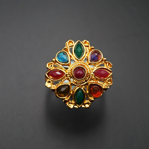 Kie - Multicolour Diamante Stone Ring - Gold