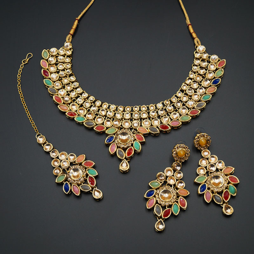 Fazai Multicolour & Gold Kundan Necklace Set - Gold