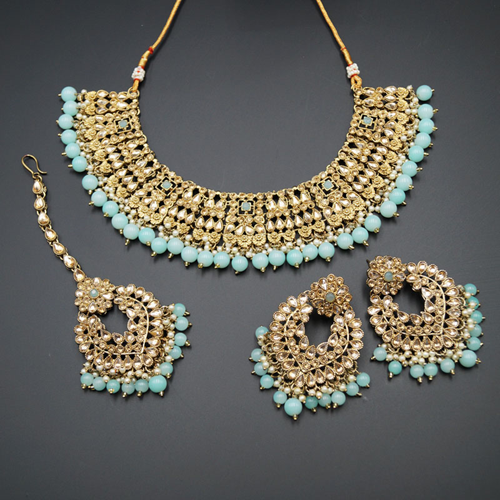 Lara Gold Kundan/Sky Blue Beads Necklace Set - Antique Gold