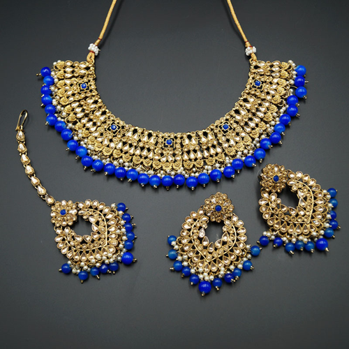 Lara Gold Kundan/Royal Blue Beads Necklace Set - Antique Gold