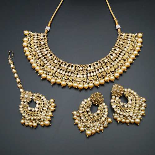 Lara Gold Kundan Necklace Set - Antique Gold