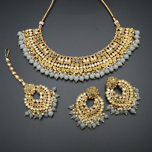 Lara Gold Kundan/Grey Beads Necklace Set - Antique Gold