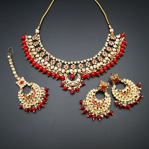 Rada Red & Gold Kundan Necklace Set - Antique Gold 