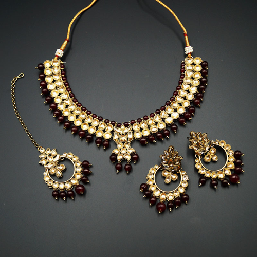 Jami Gold Kundan/Maroon Beads Necklace Set - Antique Gold