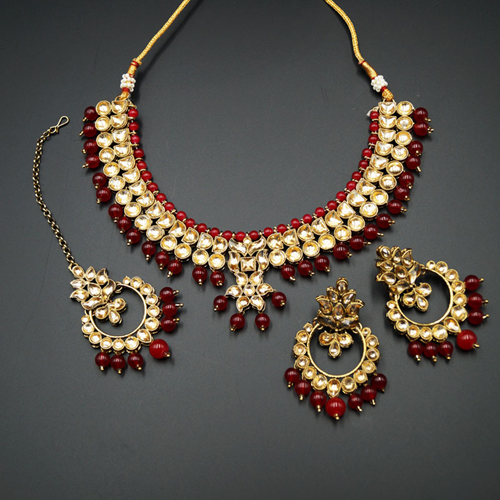 Jami Gold Kundan/Red Beads Necklace Set - Antique Gold